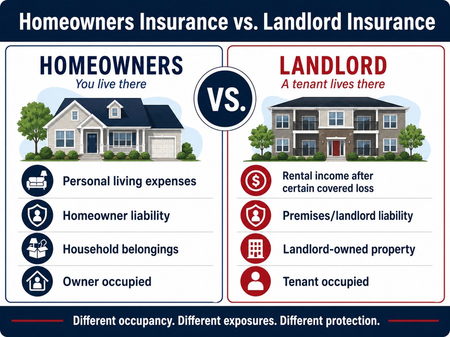 Side-by-side comparison: homeowners insurance (you live there) versus landlord insurance (a tenant lives there).