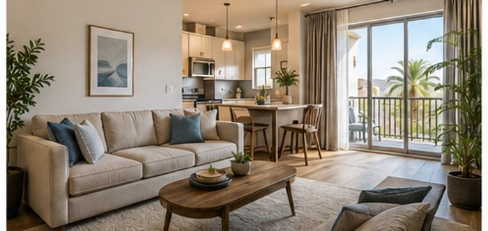 A furnished living space representing a short-term rental property