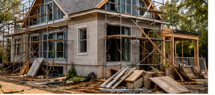 A property under renovation with scaffolding