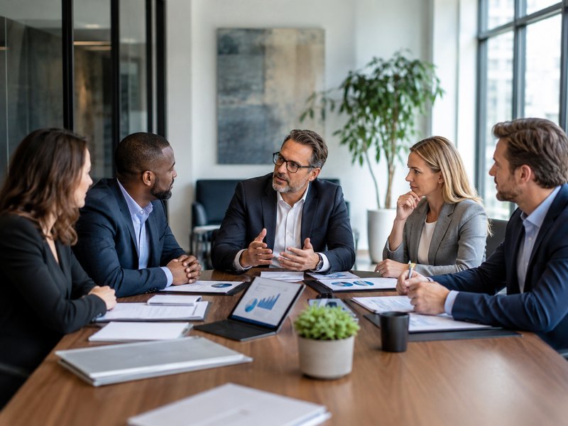 A group of business professionals in a meeting, representing business uses of life insurance