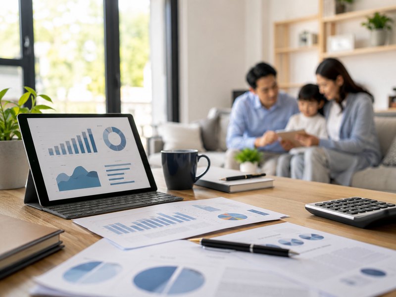 Financial growth charts on a tablet with a family in the background, representing cash-value accumulation