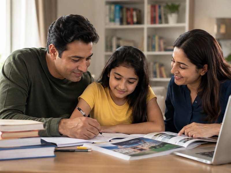 Parents helping their child with schoolwork and college materials, representing education planning