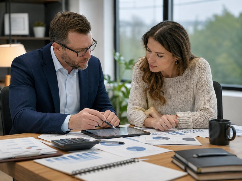 An advisor and clients reviewing a needs-analysis worksheet with a calculator, representing the DIME coverage estimate