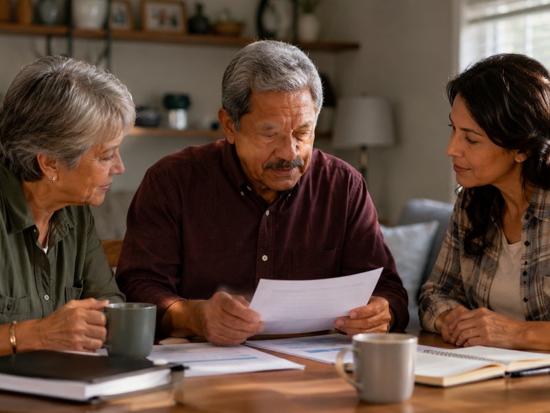 An adult child reviewing paperwork with a senior parent, representing final expense planning