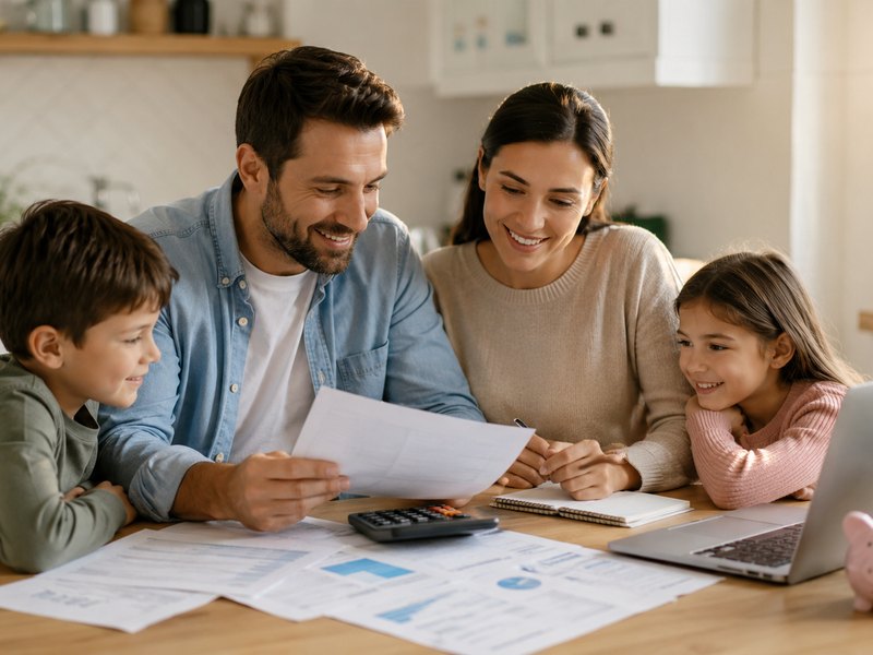 A family reviewing household finances at the kitchen table, representing income protection