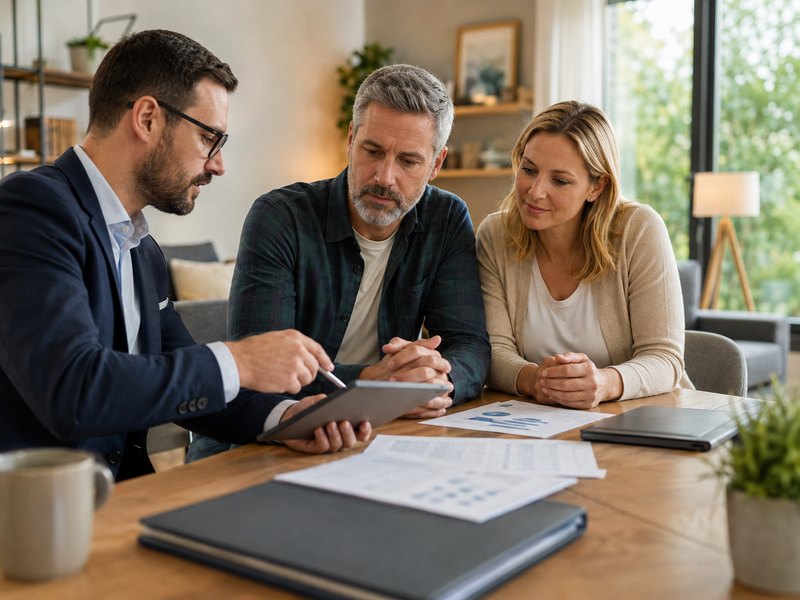 An advisor reviewing coverage details with clients, representing living benefits available under certain policies