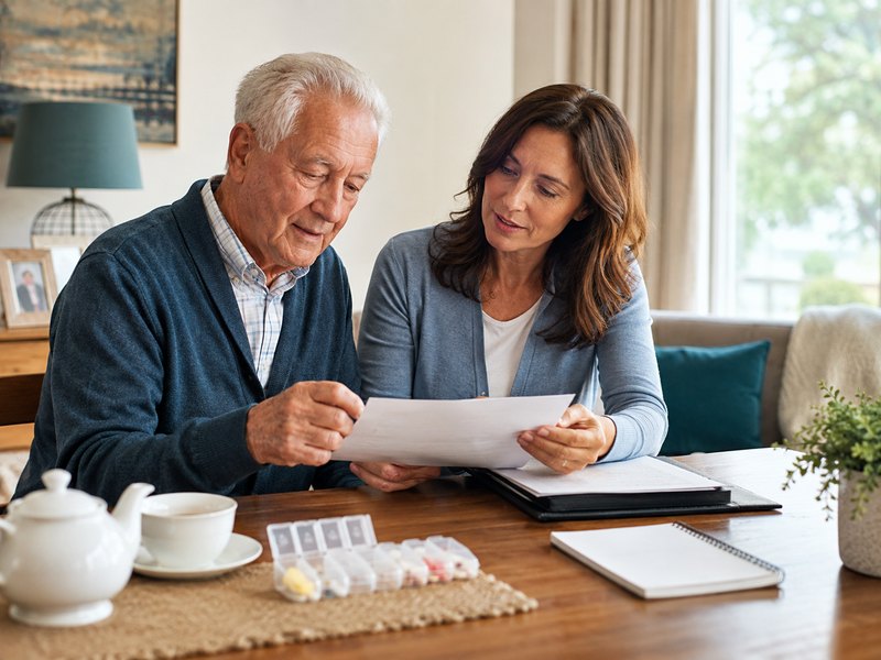 An adult child helping a senior parent with medication organization, representing long-term care and chronic illness planning