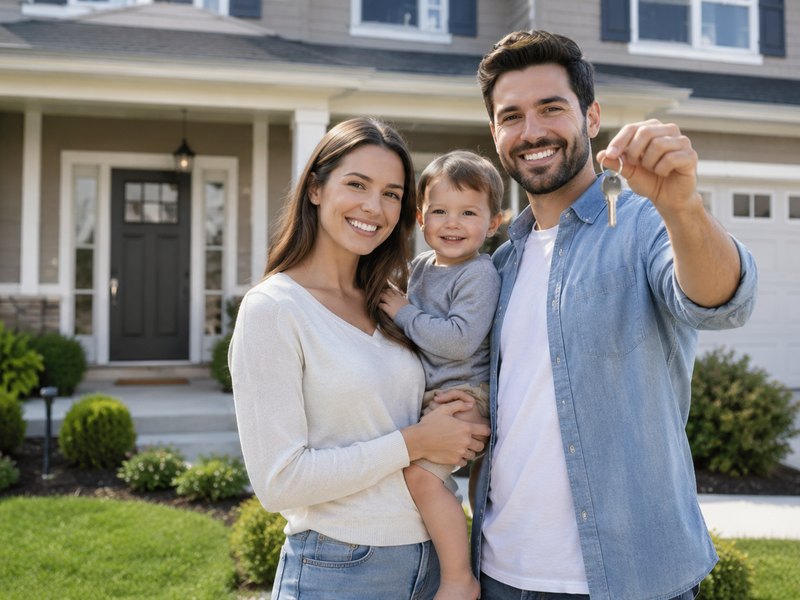 A family in front of their home, representing mortgage protection through life insurance