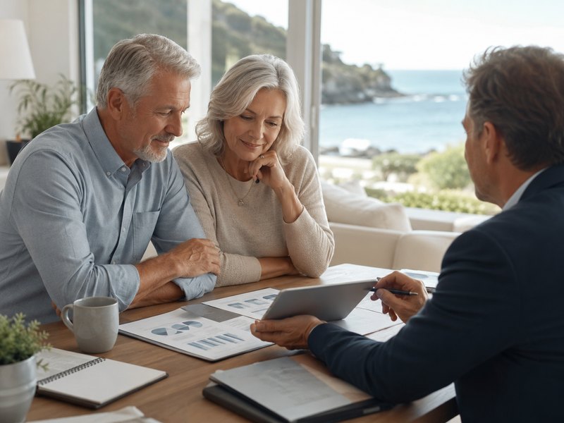 A retired couple meeting with an advisor with an ocean view in the background, representing retirement planning
