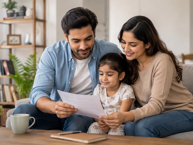 A young family reviewing paperwork together at home, representing simple, budget-friendly term life protection