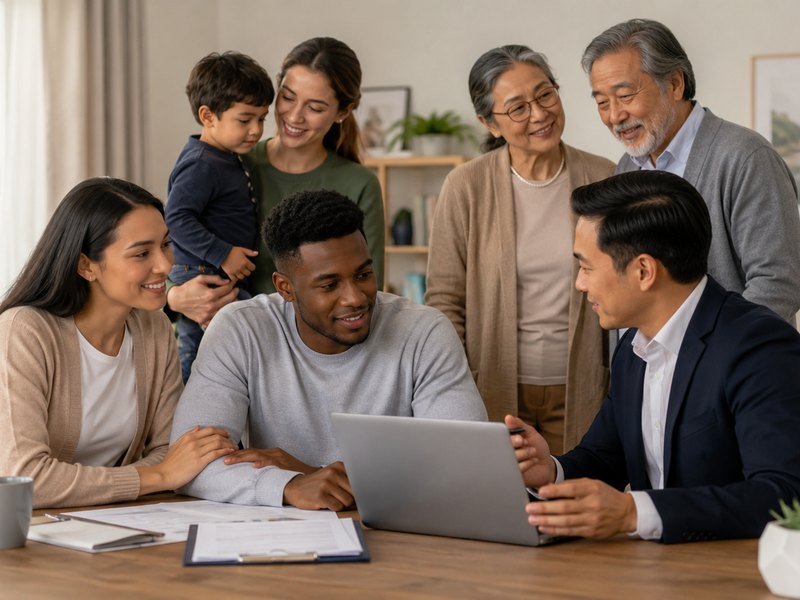 A diverse, multigenerational group of clients meeting with an insurance agent, representing that life insurance is not only for one type of person