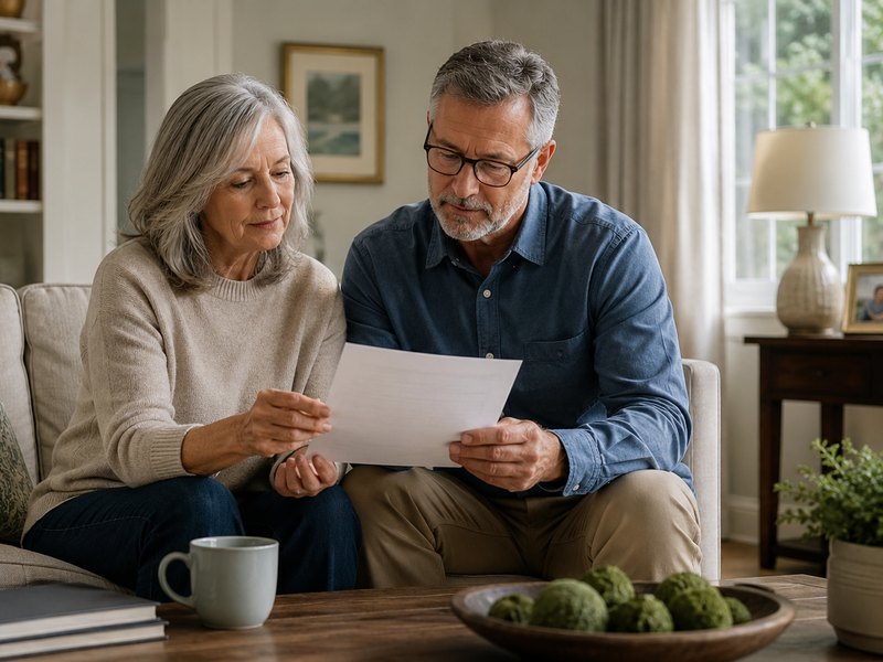 A senior couple reviewing documents at home, representing the long-term stability of whole life insurance