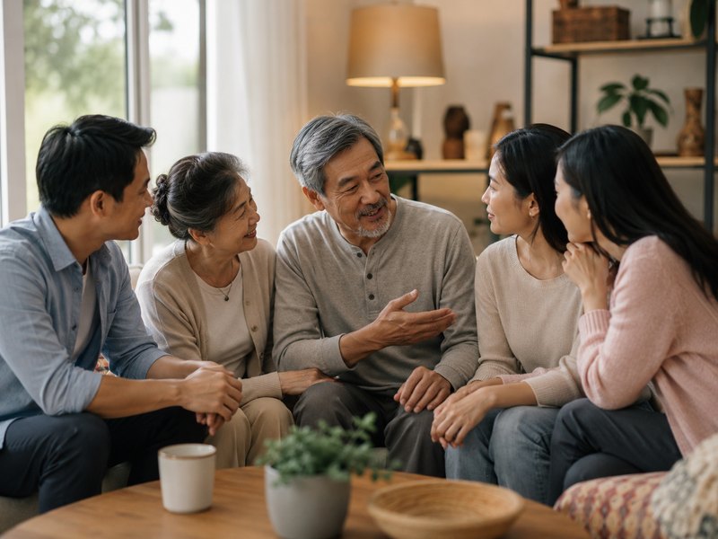 A multigenerational family discussing care planning together