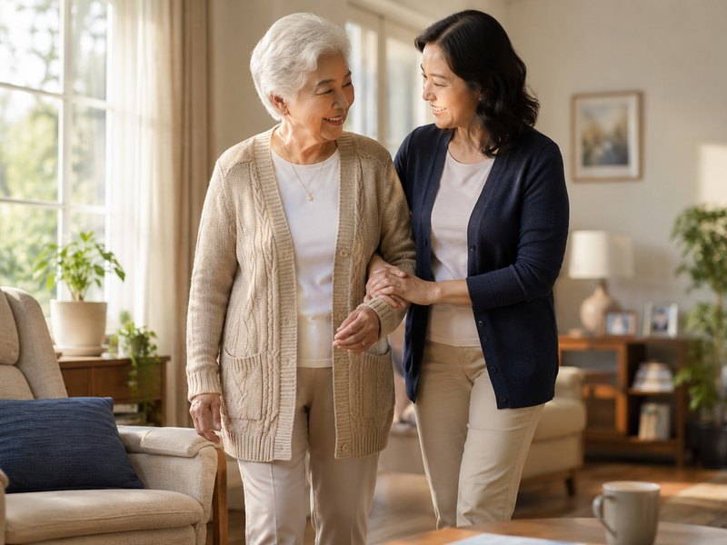 An adult daughter helping her older mother walk at home