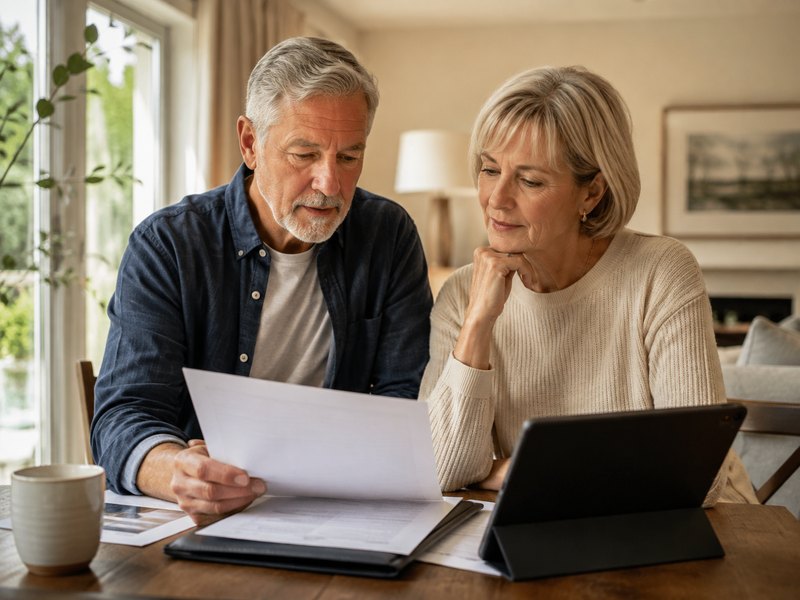 A mature couple reviewing planning documents together at home