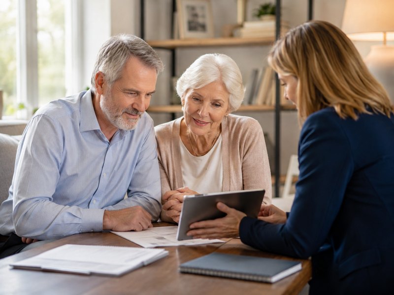 A mature couple reviewing long-term care options with an advisor