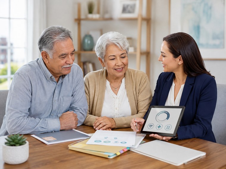 An insurance agent reviewing coverage options with a senior couple