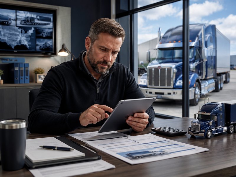 A fleet manager reviewing truck operations and reports on a tablet at his desk