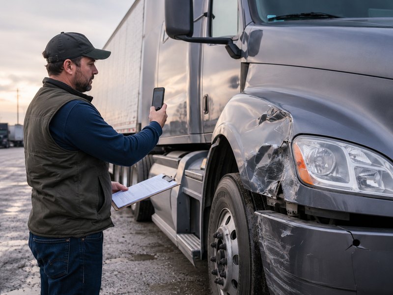 A driver photographing damage to his truck's front end while holding a clipboard