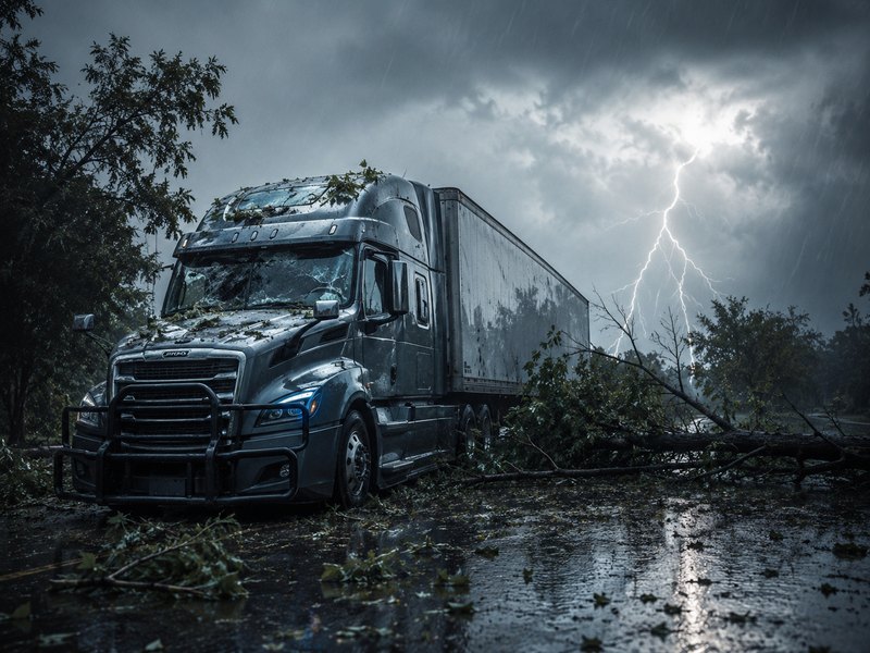 A tractor-trailer caught in a severe storm with lightning and fallen tree branches