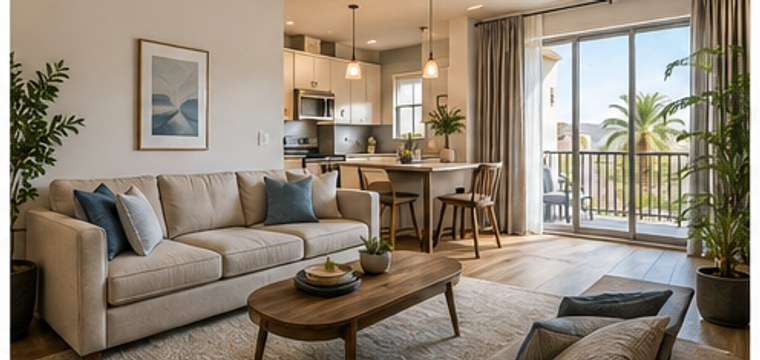 A modern rented apartment living room with furniture, decor, and personal belongings representing renters insurance coverage