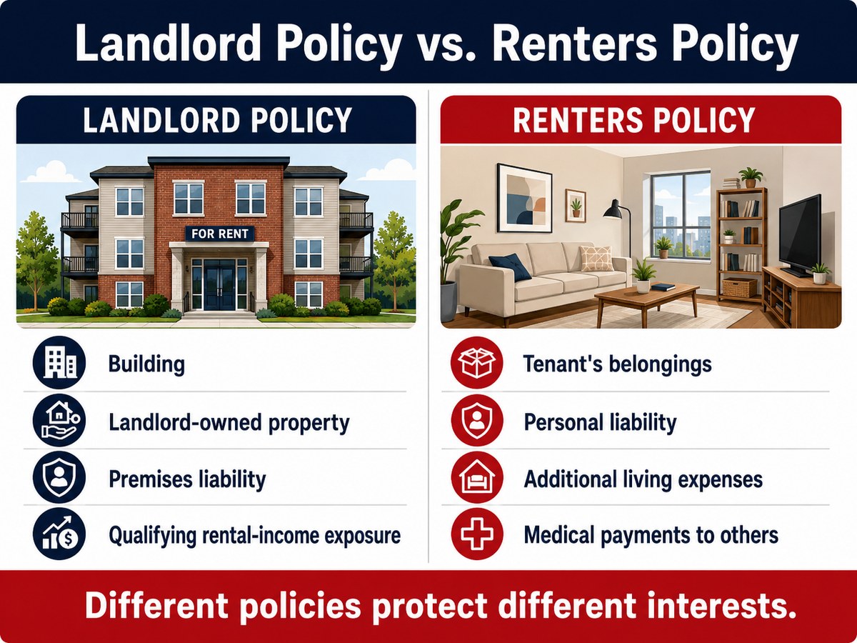 Comparison: a landlord policy addresses the building, landlord-owned property, premises liability, and qualifying rental-income exposure; a renters policy addresses the tenant's belongings, personal liability, additional living expenses, and medical payments to others.