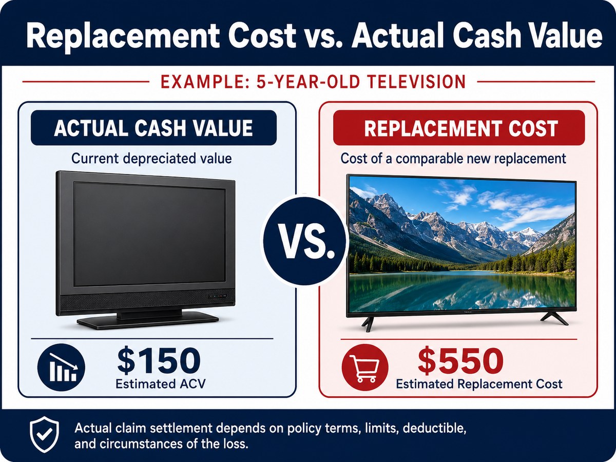 Example of a five-year-old television: estimated actual cash value versus estimated replacement cost.