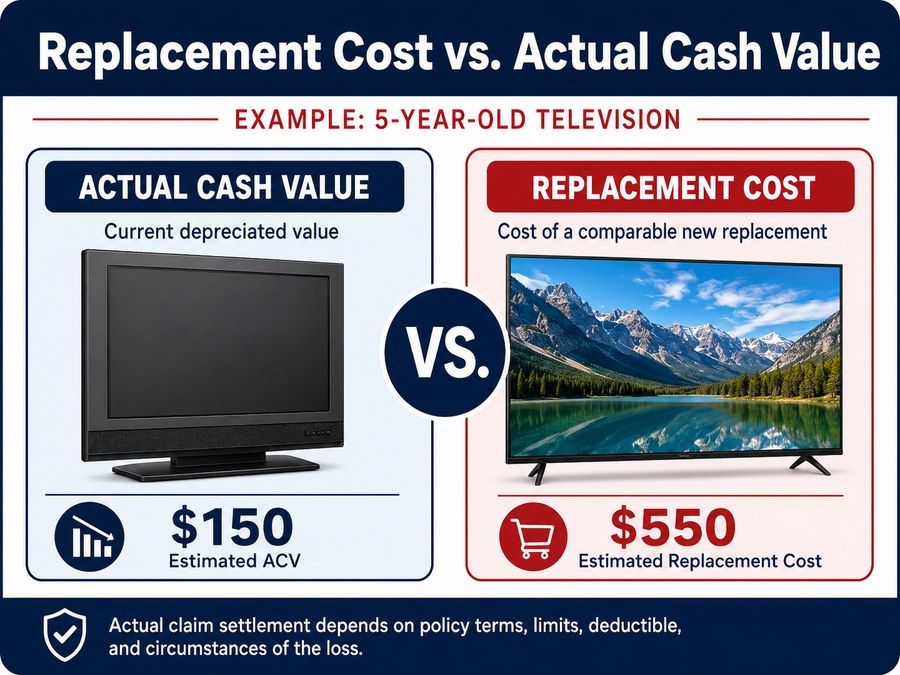 Example of a five-year-old television: estimated actual cash value versus estimated replacement cost.