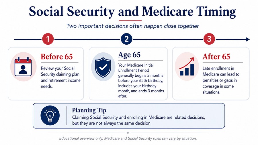 Timeline showing Social Security planning before age 65, Medicare Initial Enrollment Period around age 65, and potential consequences of late Medicare enrollment in some situations.