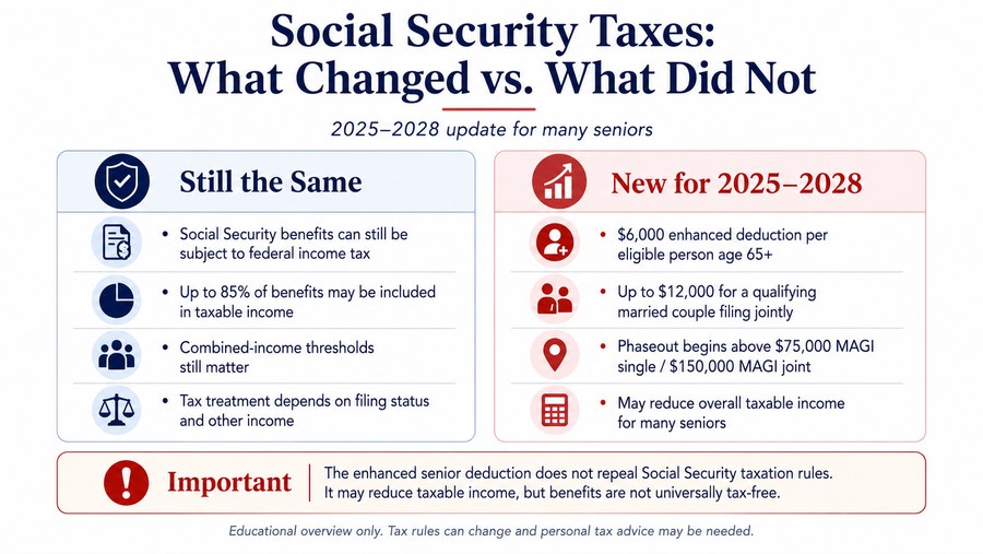 Infographic explaining that Social Security taxation rules remain in effect while a temporary enhanced senior deduction is available for certain taxpayers age 65 and older for 2025 through 2028.