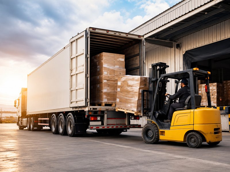 A forklift loading pallets into the back of a trailer at a warehouse dock