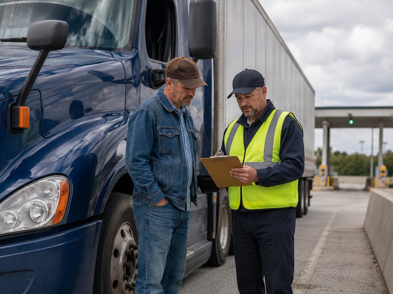 A driver reviewing a clipboard with an inspector at a roadside checkpoint