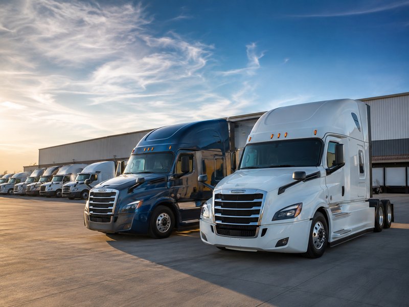 A row of tractor-trailers parked together at a trucking yard