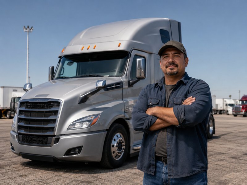 An owner-operator standing confidently in front of his tractor at a truck yard