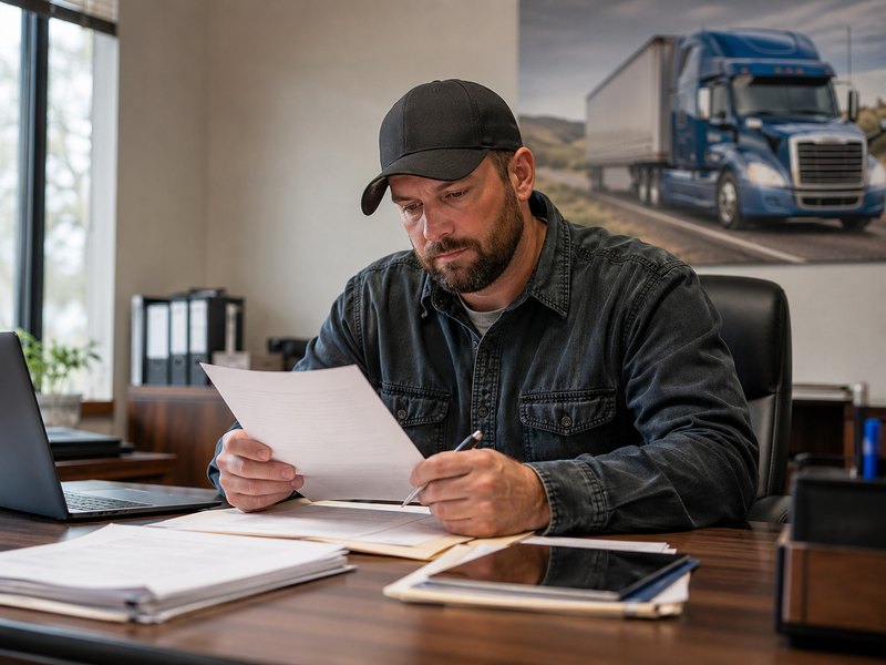 An operator reviewing paperwork at his desk in a trucking company office