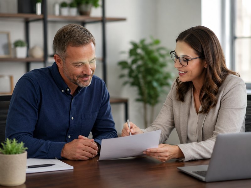 An advisor reviewing workers' compensation documents with a business owner