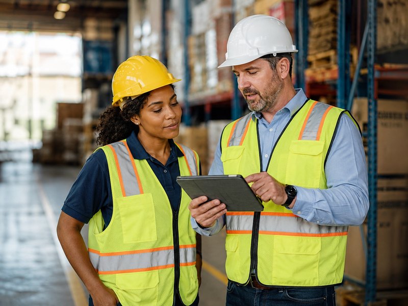 A supervisor reviewing job classifications with a warehouse employee on a tablet