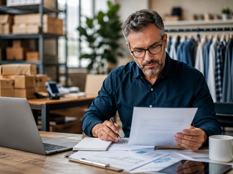 A business owner reviewing payroll paperwork at their shop
